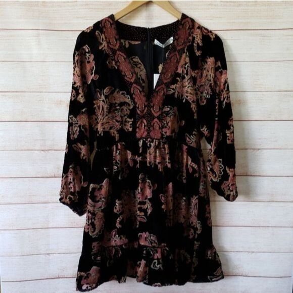Zara Velvet Trim Floral V-Neck Ruffle Trim 3/4 Sleeve Dress Women's Size Small - Picture 5 of 15